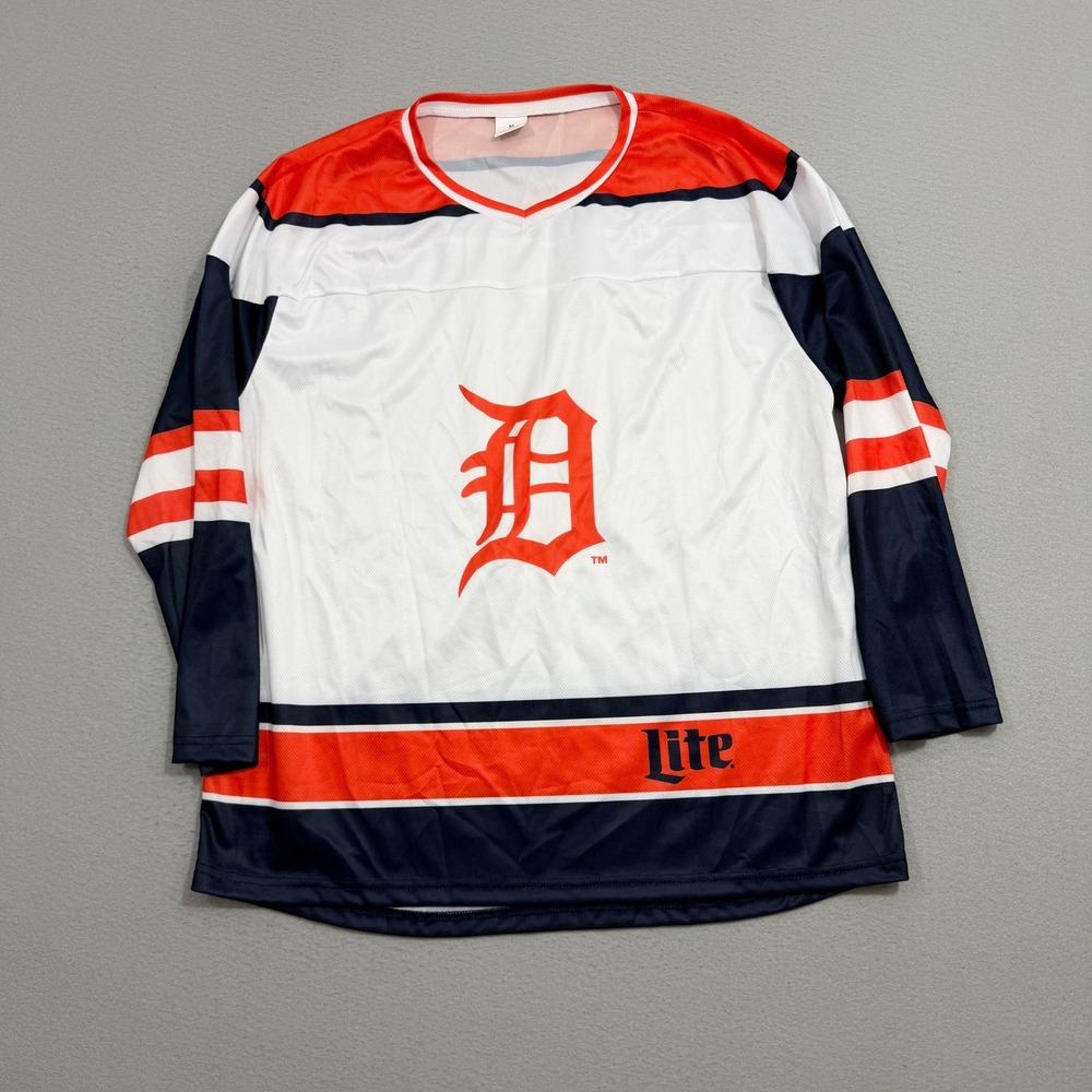 Miller Lite Hockey Jersey Men's Medium White Detroit Tigers Logo Beer Graphic